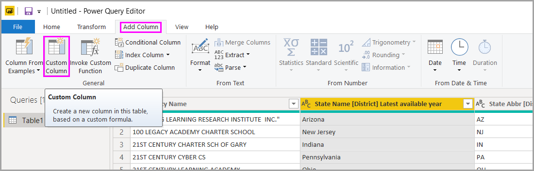 สกรีนช็อตของตัวแก้ไข Power Query ที่เน้นปุ่มคอลัมน์แบบกําหนดเองบนแท็บเพิ่มคอลัมน์