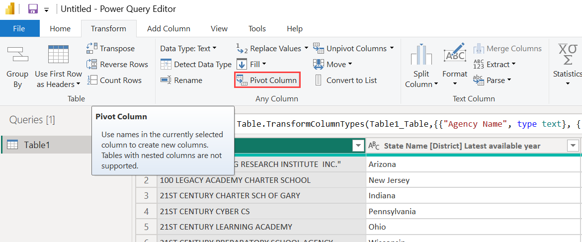 สกรีนช็อตของปุ่มคอลัมน์ Pivot ที่เน้นบนแท็บ แปลง