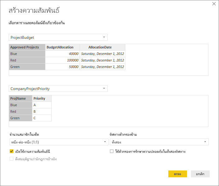 สกรีนช็อตของกล่องโต้ตอบสร้างความสัมพันธ์ที่มีคาร์ดินาลลิตี้ไปยังหนึ่งต่อหนึ่ง (1:1) และทิศทางตัวกรองข้ามไปยังทั้งสอง