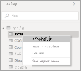 สกรีนช็อตของเมนูบริบทเดิมสําหรับเขตข้อมูลใน Power BI Desktop