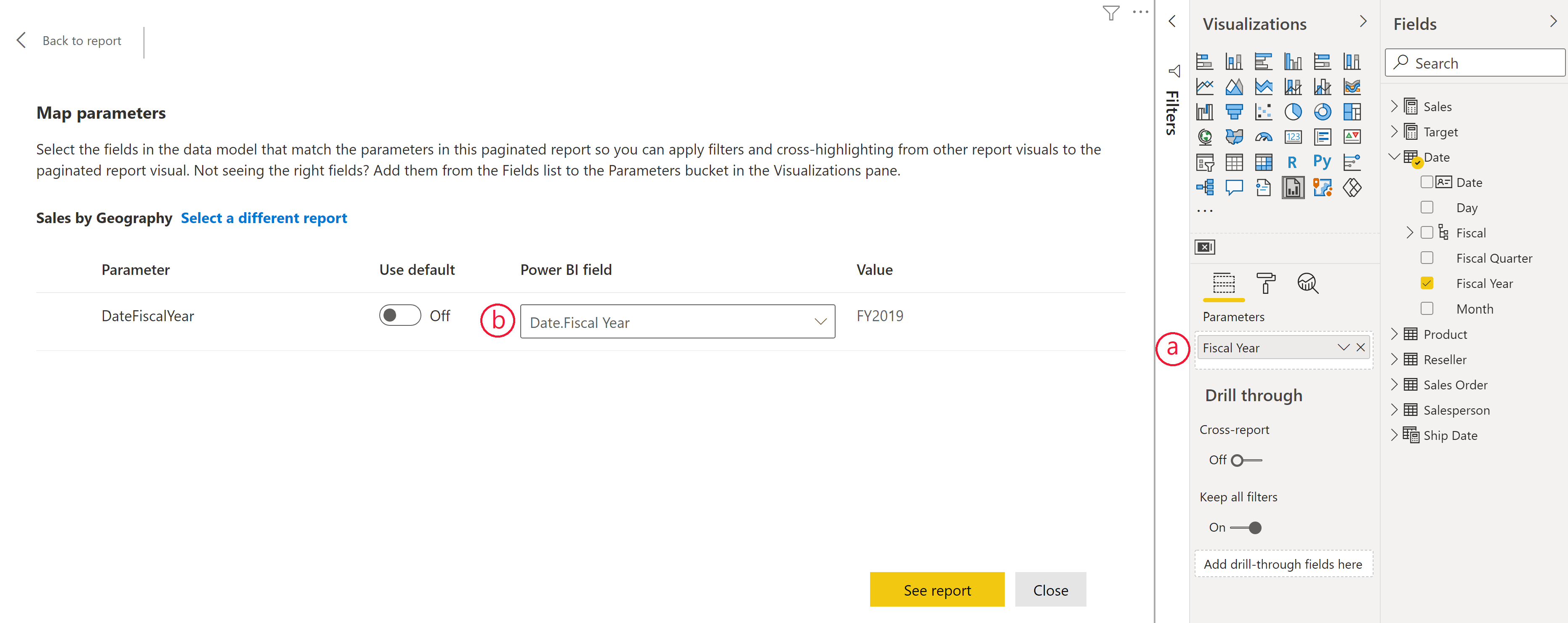 สกรีนช็อตของการผูกเขตข้อมูลใน Power BI กับพารามิเตอร์ในวิชวลรายงานที่มีการแบ่งหน้า