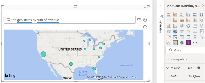 สกรีนช็อตที่แสดงการแมปวิชวล Q&A ที่สร้างขึ้นโดย Power BI เพื่อแสดงข้อมูล