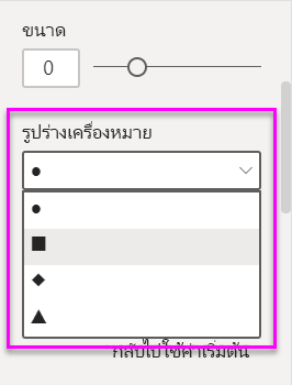 ภาพหน้าจอของรายการดรอปดาวน์ชนิดรูปร่าง ที่แสดงตัวเลือกรูปร่างตัวทําเครื่องหมายสําหรับแผนภูมิใน Power BI