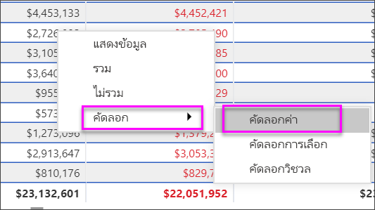 สกรีนช็อตที่แสดงวิธีการคัดลอกค่าเซลล์เพื่อใช้ในแอปพลิเคชันอื่น