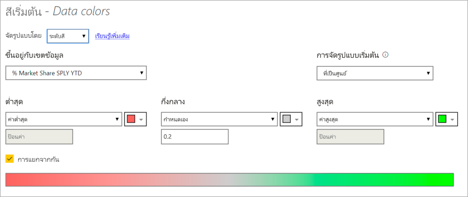 สกรีนช็อตกล่องโต้ตอบสีเริ่มต้นที่มีสเกลสีที่เลือกไว้