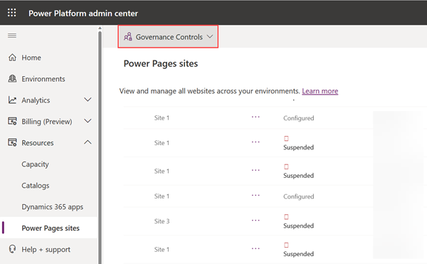 ภาพหน้าจอแสดงปุ่มการควบคุมการกำกับดูแลในศูนย์จัดการ Power Platform