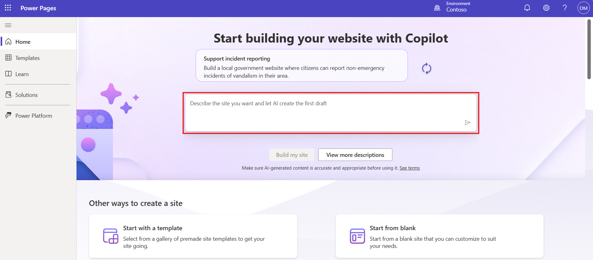 Copilot บนหน้าแรกของ Power Pages พร้อมช่องป้อนข้อมูลสำหรับผู้ใช้เพื่อป้อนคำอธิบายของไซต์ที่เน้น
