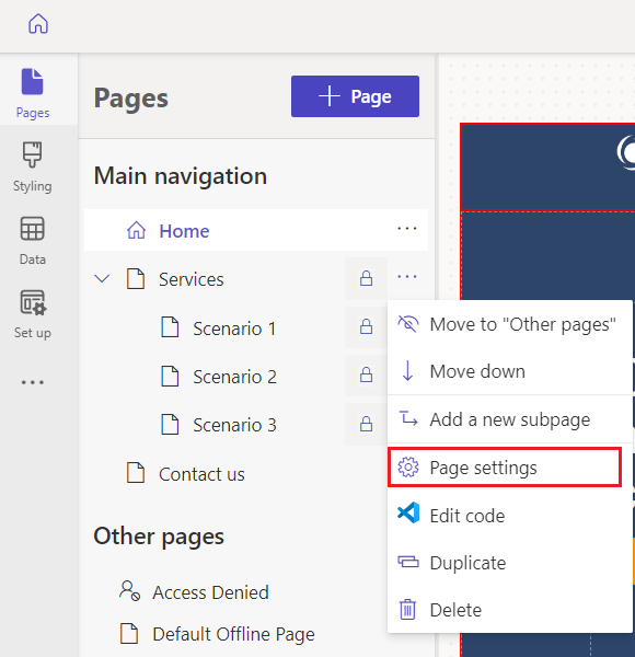 ภาพหน้าจอของพื้นที่ทำงานของ Pages ในสตูดิโอออกแบบ Power Pages ที่ไฮไลต์การตั้งค่าเพจ