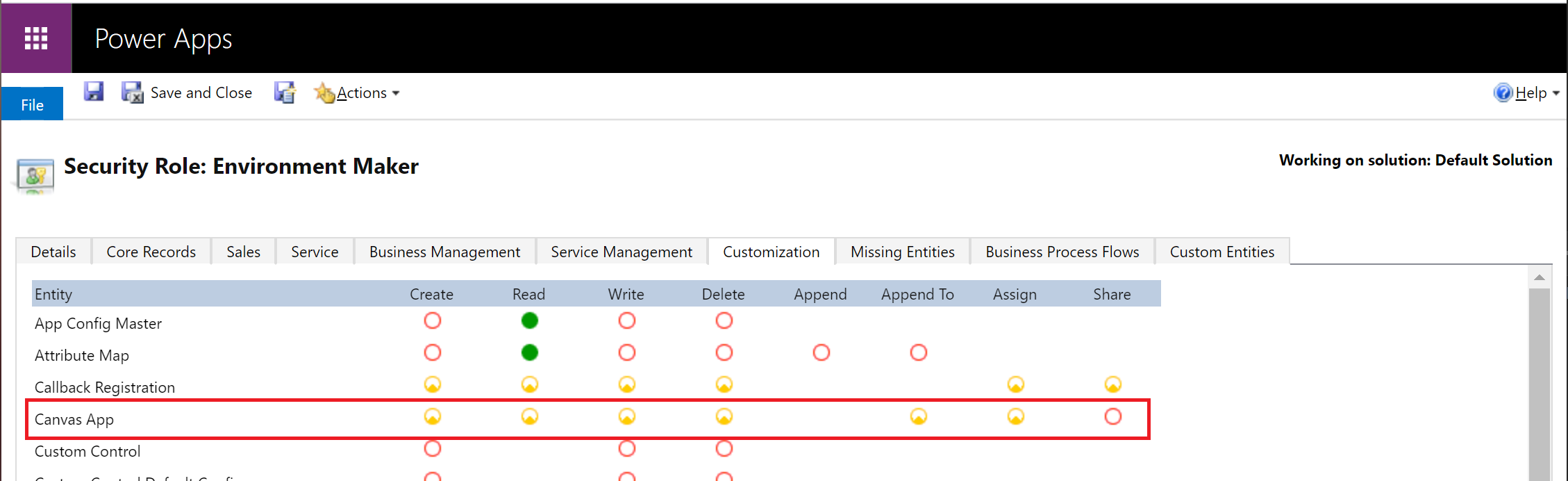 สิทธิ์การใช้งานแอปพื้นที่ทำงาน Dataverse