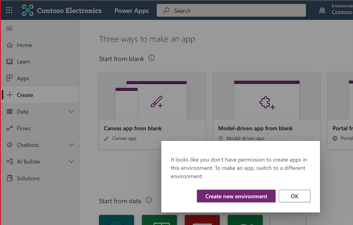 กล่องโต้ตอบของสิทธิ์การใช้งาน Power Apps ขาดหายไป