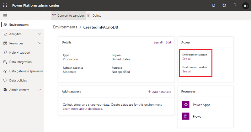 ภาพหน้าจอของการเลือกบทบาทความปลอดภัยในศูนย์จัดการ Power Platform