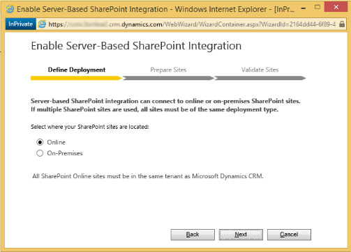 เลือก Online เป็นที่ตั้งไซต์ของ SharePoint