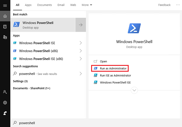 ภาพหน้าจอที่แสดงวิธีเรียกใช้ PowerShell ในฐานะผู้ดูแลระบบ