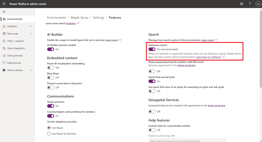 ตั้งค่าการค้นหา Dataverse เป็นเปิด