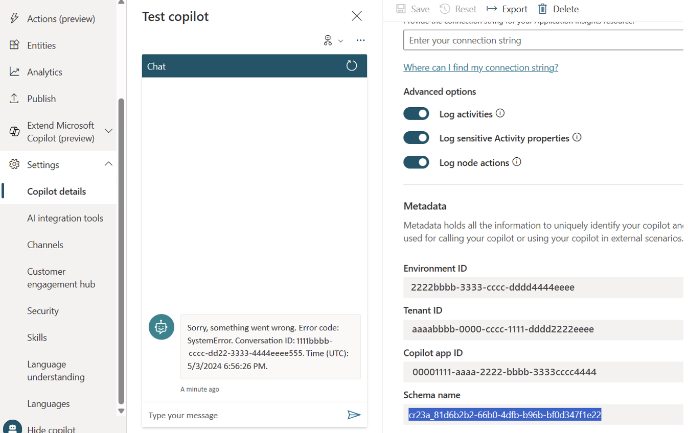 ภาพหน้าจอที่แสดงตำแหน่งที่จะค้นหาชื่อ Schema ในส่วนขั้นสูงของรายละเอียด Copilot ใน Microsoft Copilot Studio