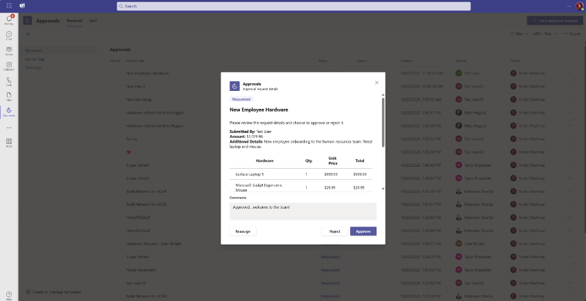 ภาพหน้าจอของการอนุมัติ Power Automate ใน Teams