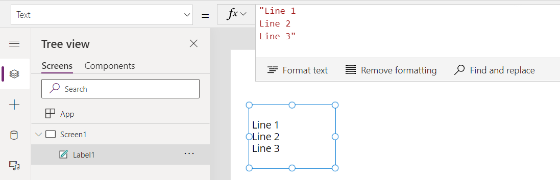 ตัวควบคุม text string และ label ที่ฝังแสดงสามบรรทัดด้วยบรรทัดที่ 1 บรรทัดที่ 2 และบรรทัดที่ 3