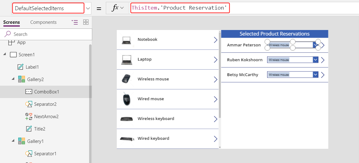 ตั้งค่า DefaultSelectedItems สำหรับ ReserveCombo