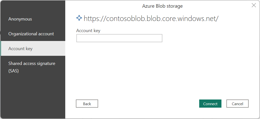 สกรีนช็อตของกล่องโต้ตอบการลงชื่อเข้าใช้สําหรับที่เก็บข้อมูล Azure Blob ที่มีวิธีการรับรองความถูกต้องคีย์บัญชีที่เลือก