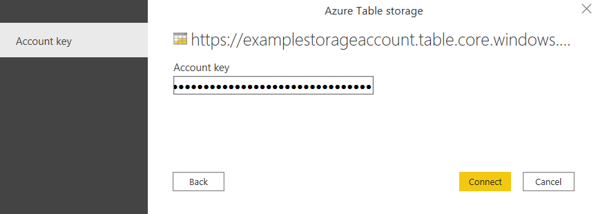 ภาพหน้าจอของกล่องโต้ตอบ Azure Table Storage ที่แสดงคีย์บัญชีที่ป้อนในช่องว่าง