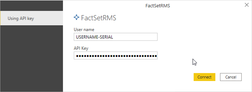 รูปภาพของกล่องโต้ตอบการรับรองความถูกต้องที่ป้อนชื่อผู้ใช้และคีย์ API