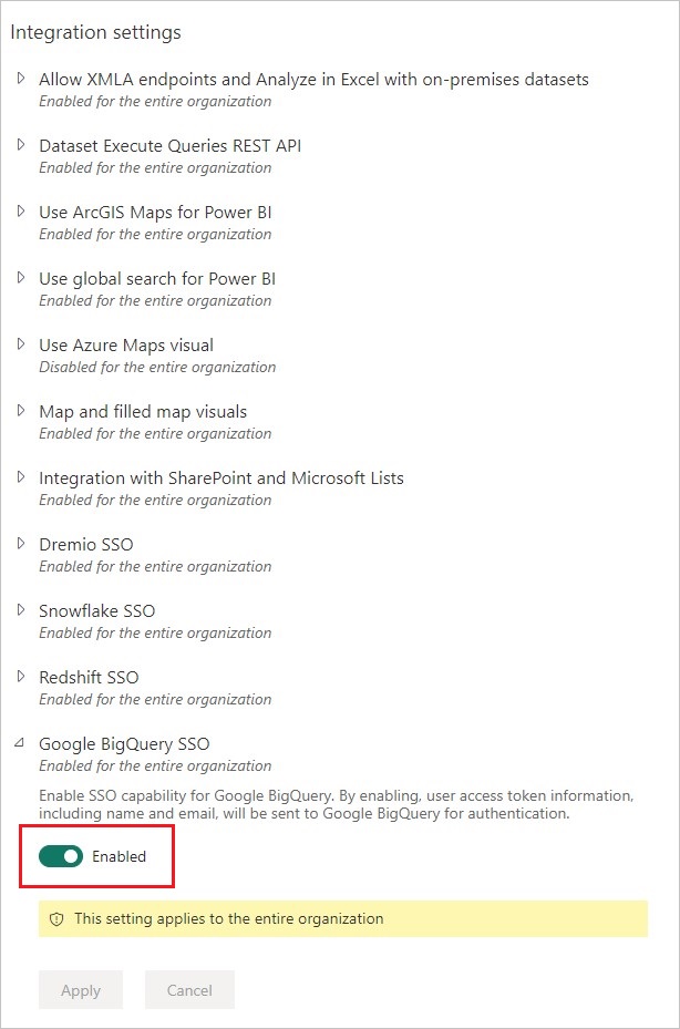 สกรีนช็อตของตัวเลือก Google BigQuery SSO ที่มีการเปิดใช้งานปุ่ม