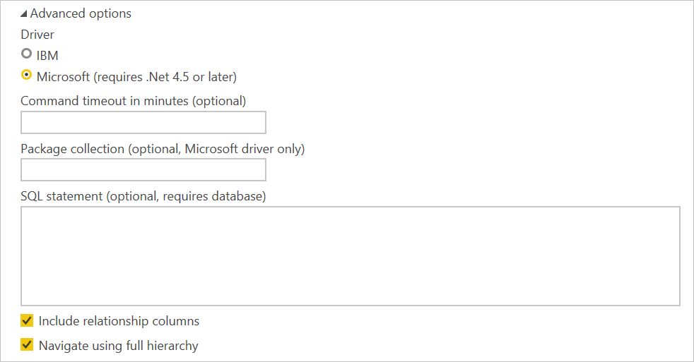 ตัวเลือกขั้นสูง ที่รวมอยู่ในกล่องโต้ตอบการเชื่อมต่อฐานข้อมูล IBM Db2