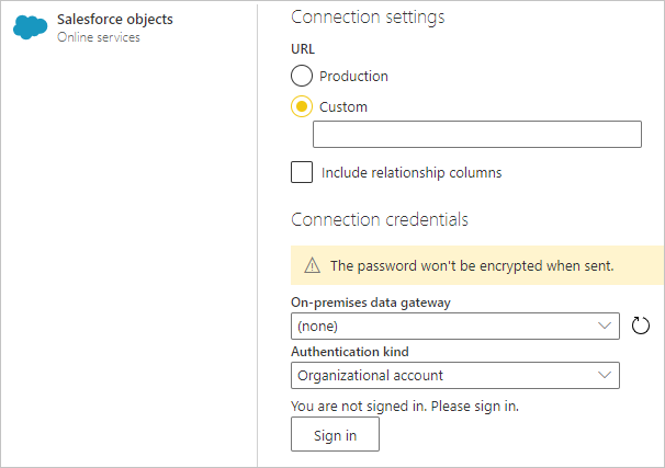 เพิ่มข้อมูลการเชื่อมต่อวัตถุ Salesforce