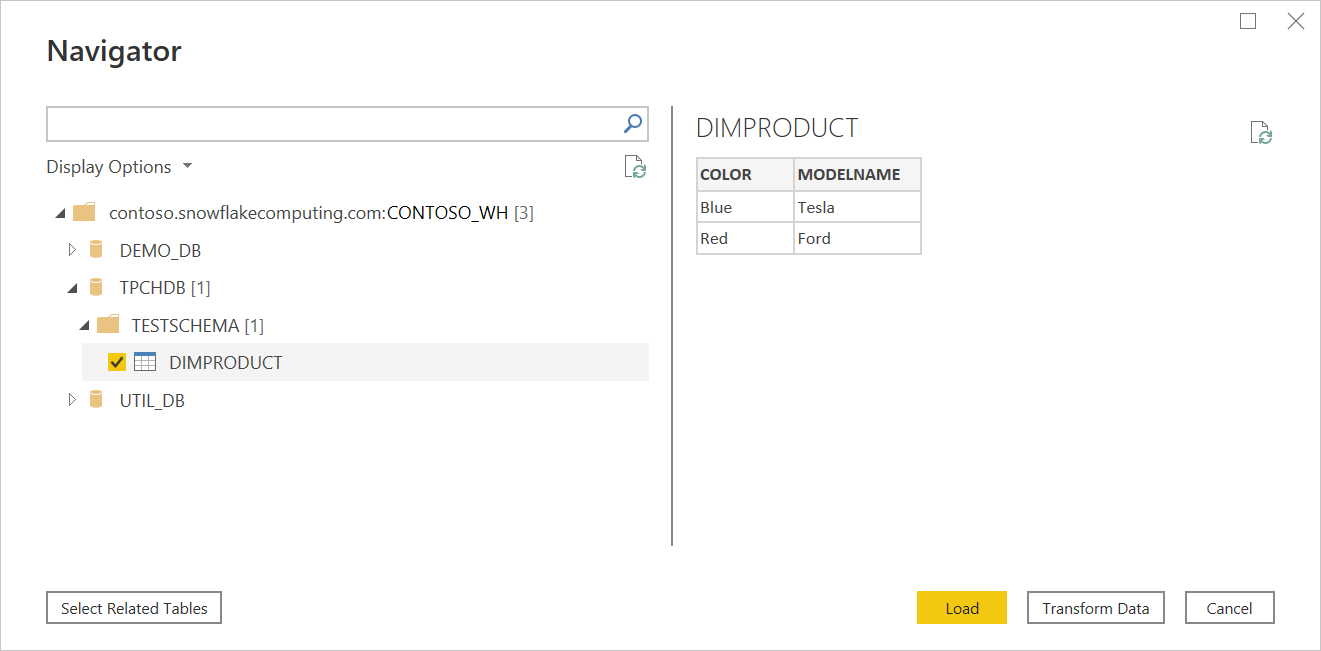 สกรีนช็อตของตัวนําทางที่มีฐานข้อมูล Schema ทดสอบเปิดอยู่และตาราง DimProduct ที่เลือก