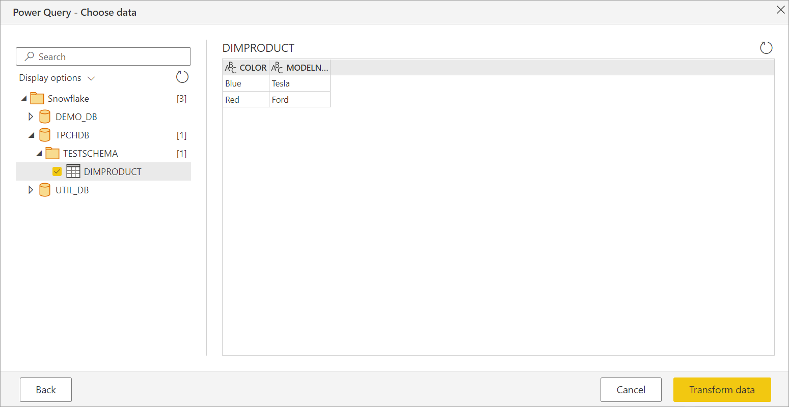 สกรีนช็อตของตัวนําทางออนไลน์ที่มีฐานข้อมูล Schema ทดสอบเปิดอยู่และตาราง DimProduct ที่เลือก