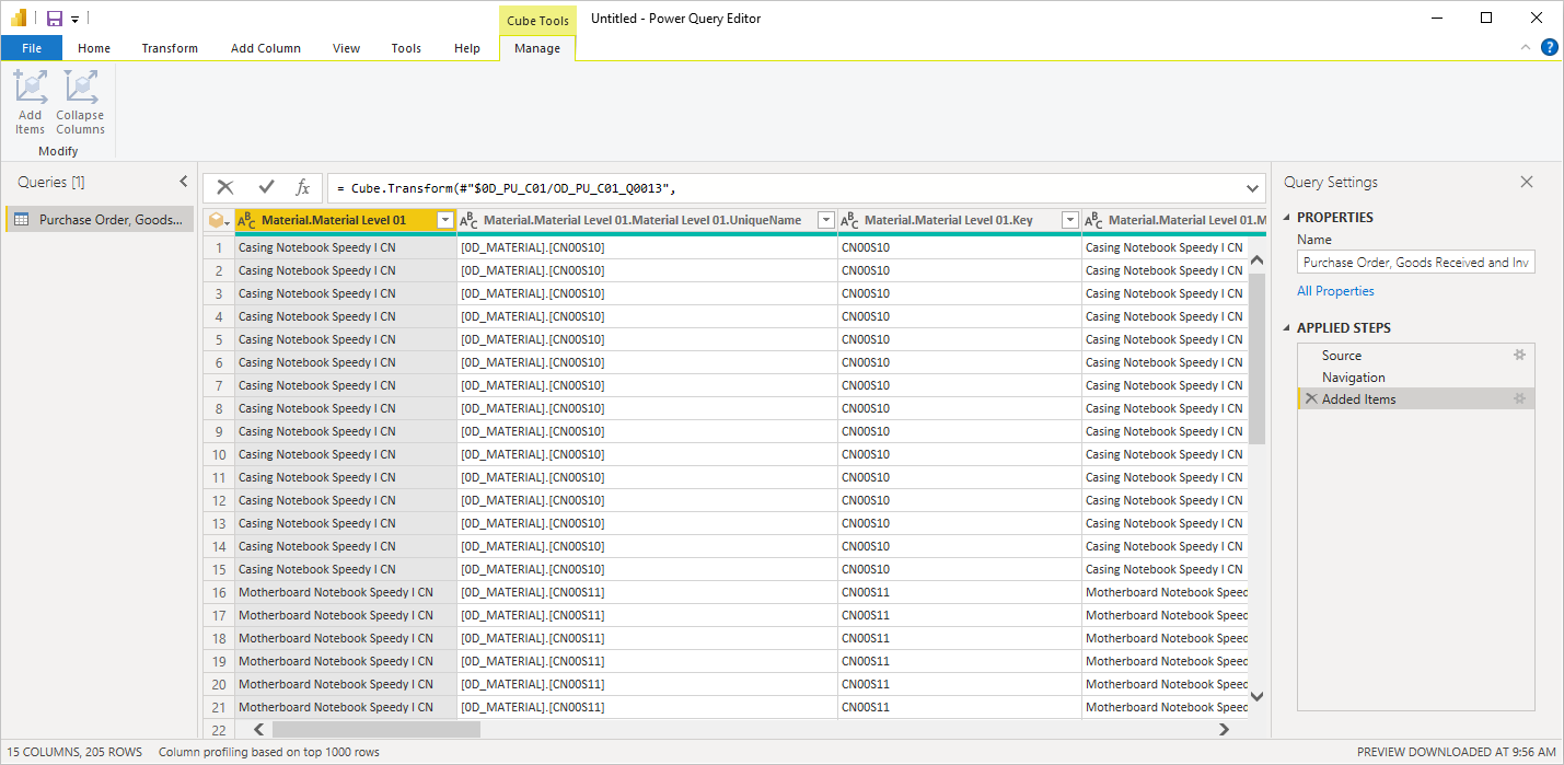 มุมมองของตัวแก้ไข Power Query หลังจากเปิดใช้งาน