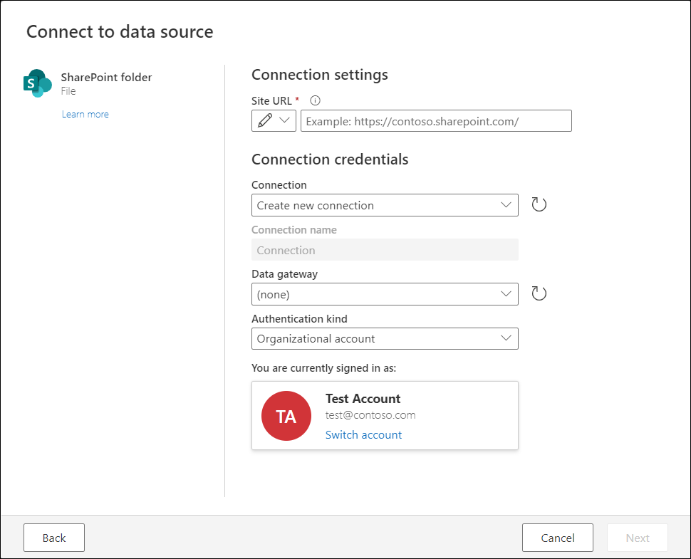 เชื่อมต่อกล่องโต้ตอบแหล่งข้อมูล ที่แสดงประสบการณ์ตัวเชื่อมต่อโฟลเดอร์ SharePoint ที่บัญชีผู้ใช้ทดสอบถูกเข้าสู่ระบบโดยอัตโนมัติโดยใช้บัญชีองค์กรเป็นชนิดการรับรองความถูกต้อง