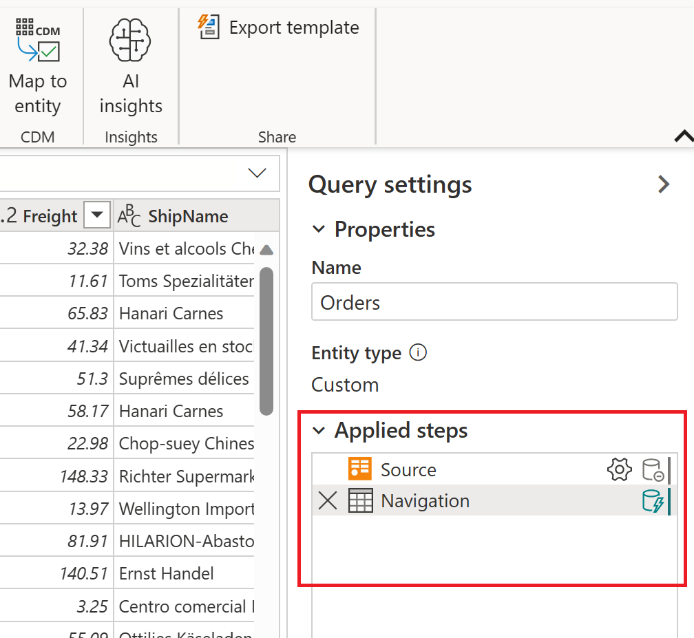 สกรีนช็อตของตัวแก้ไข Power Query ออนไลน์พร้อมส่วนขั้นตอนที่นําไปใช้ทางด้านขวาล่างที่ถูกเน้น