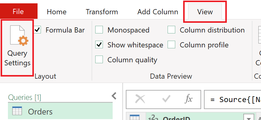 สกรีนช็อตของส่วนซ้ายบนของตัวแก้ไข Power Query พร้อมแท็บ มุมมอง และตัวเลือก การตั้งค่าคิวรี ที่เน้น