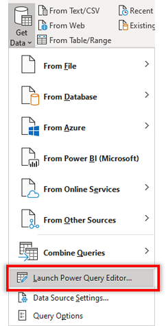 เปิดใช้ตัวแก้ไข Power Query ใน Excel จากรายการดรอปดาวน์รับข้อมูล