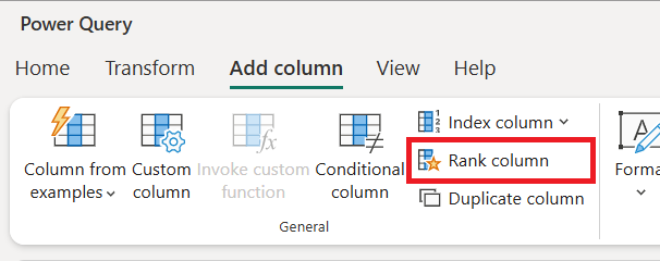 สกรีนช็อตของจุดเข้าใช้งานคอลัมน์การจัดอันดับในริบบอน Power Query ภายในแท็บเพิ่มคอลัมน์