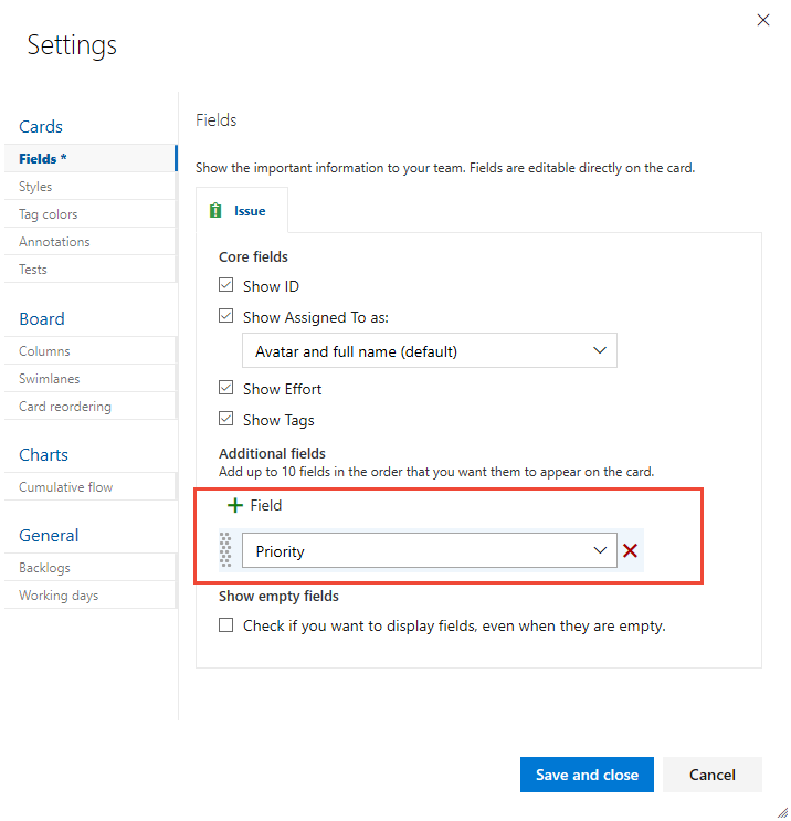 Settings, Fields dialog, Add Priority field