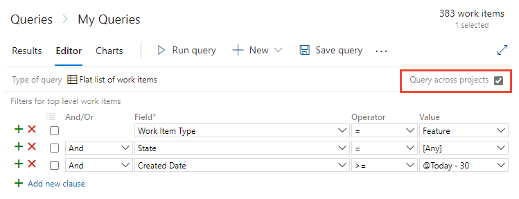 Screenshot of Query Editor with Query across projects checked.