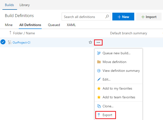 Export a build definition in TFS 2018.