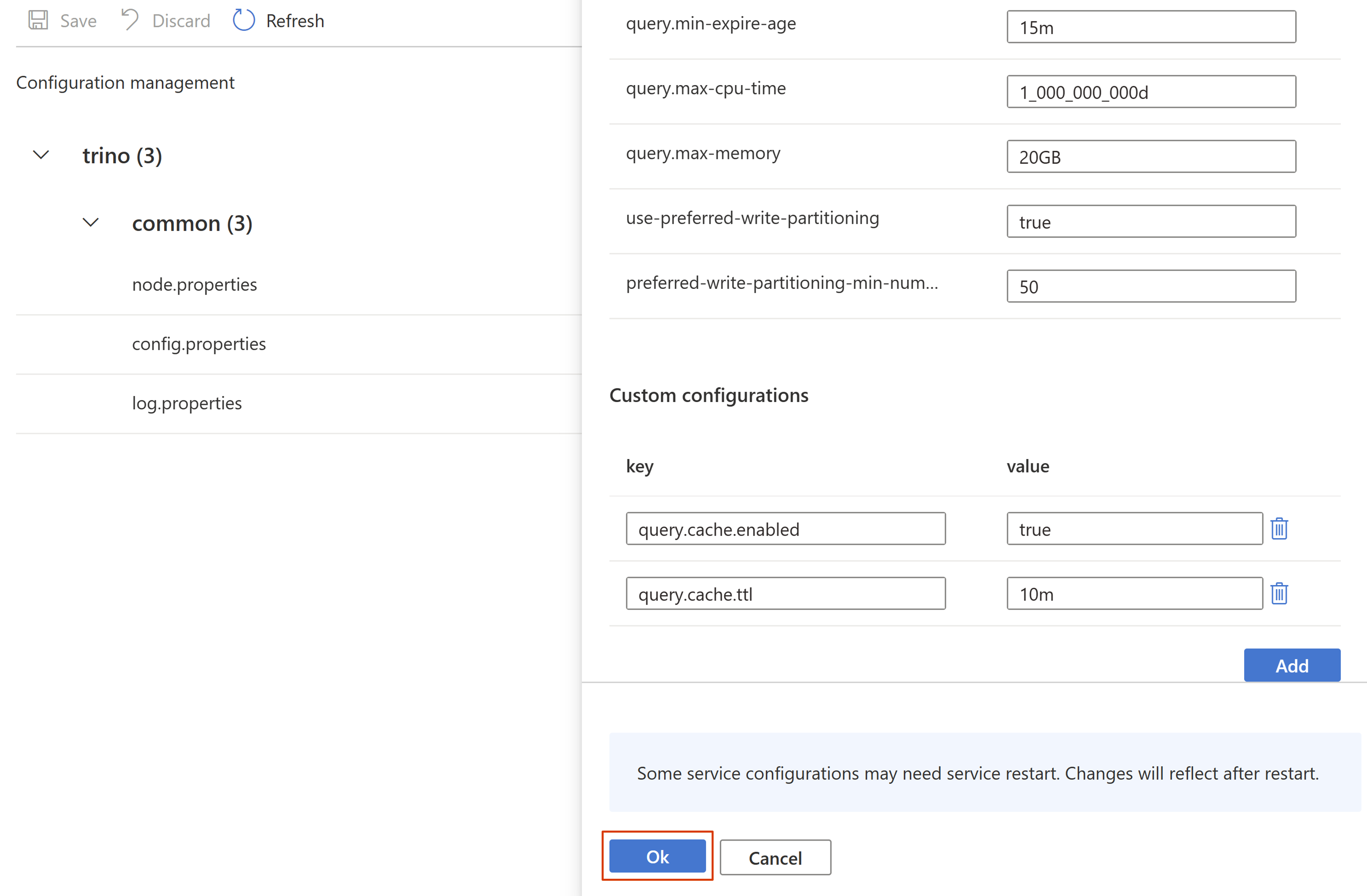 Screenshot showing configuration properties.