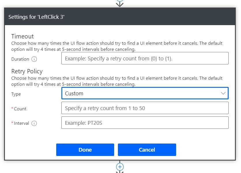 In the settings for this step, users can specify a custom retry policy or timeout value