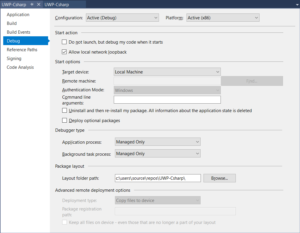 C# and Visual Basic project debug property page