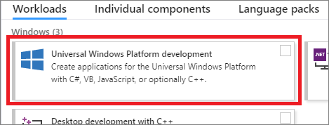 Screenshot of the Visual Studio Installer showing the Universal Windows Platform development workload.