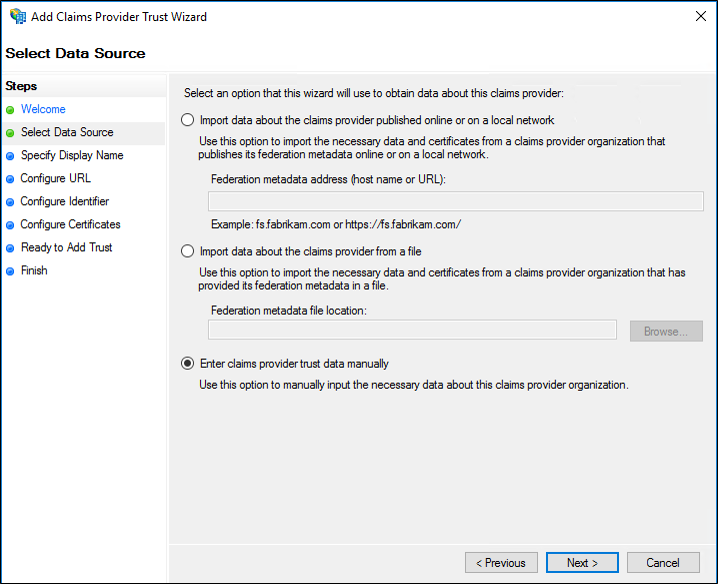 Screenshot that shows the Enter claims provider trust manually option.