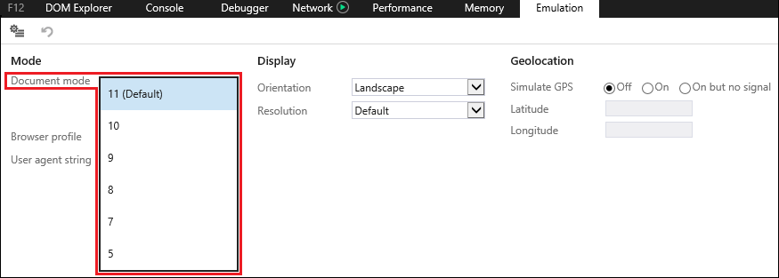 Emulation tool showing document mode selection.