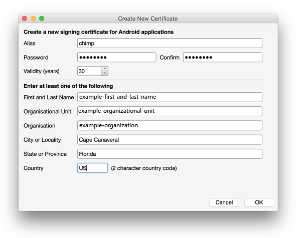 Create New Certificate dialog