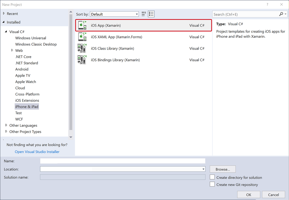 The New Project window, with iOS App (Xamarin) selected