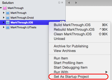 Selected the iOS project as the startup project