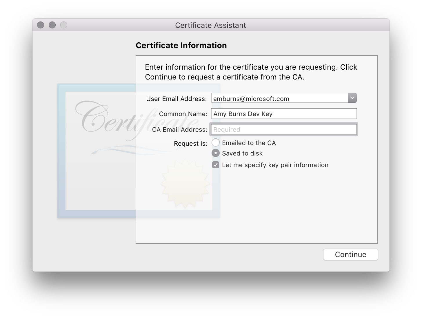 Certificate information dialog