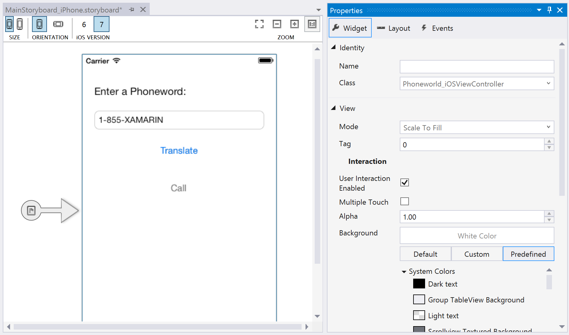 Selecting the view controller brings up its properties in the Properties Pane